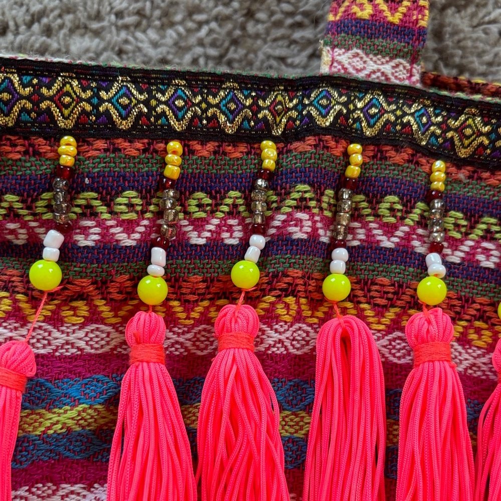 Merona Multicolor Woven Tote with Neon Pink Tassels - Picture 2 of 3
